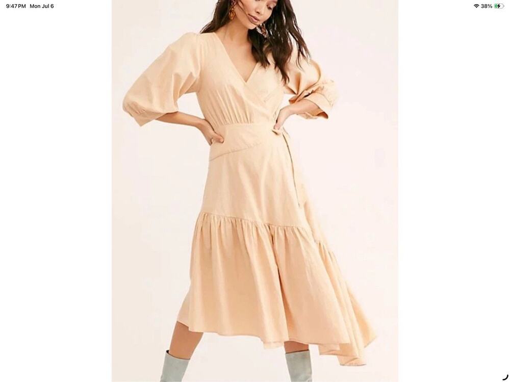 Free People Peach Linen Blend Balloon Sleeve Tiered Midi Wrap Dress Sz M Peach